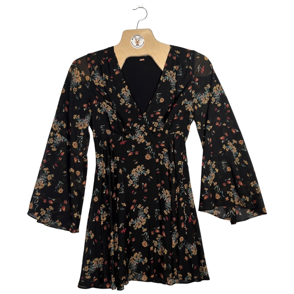 Free People Floral Bell Sleeve Mini Dress Boho Empire Waist XS S - Picture 2 of 5